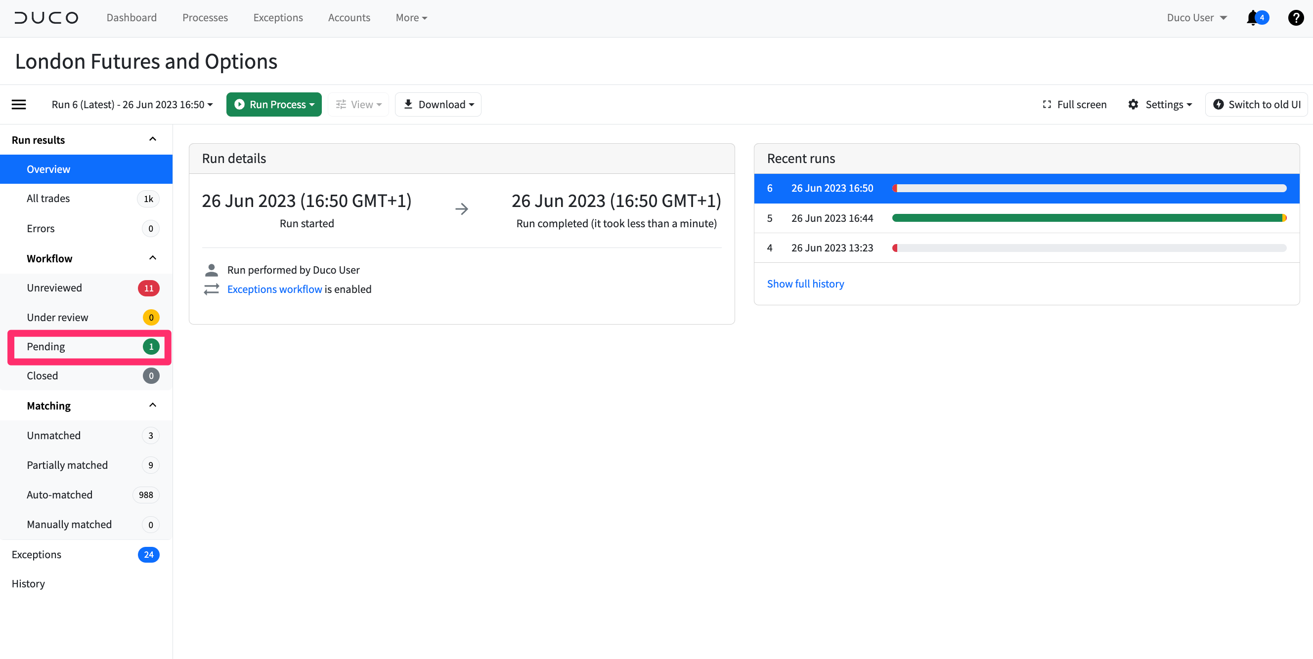 Running a process using the Exceptions Workflow – Duco