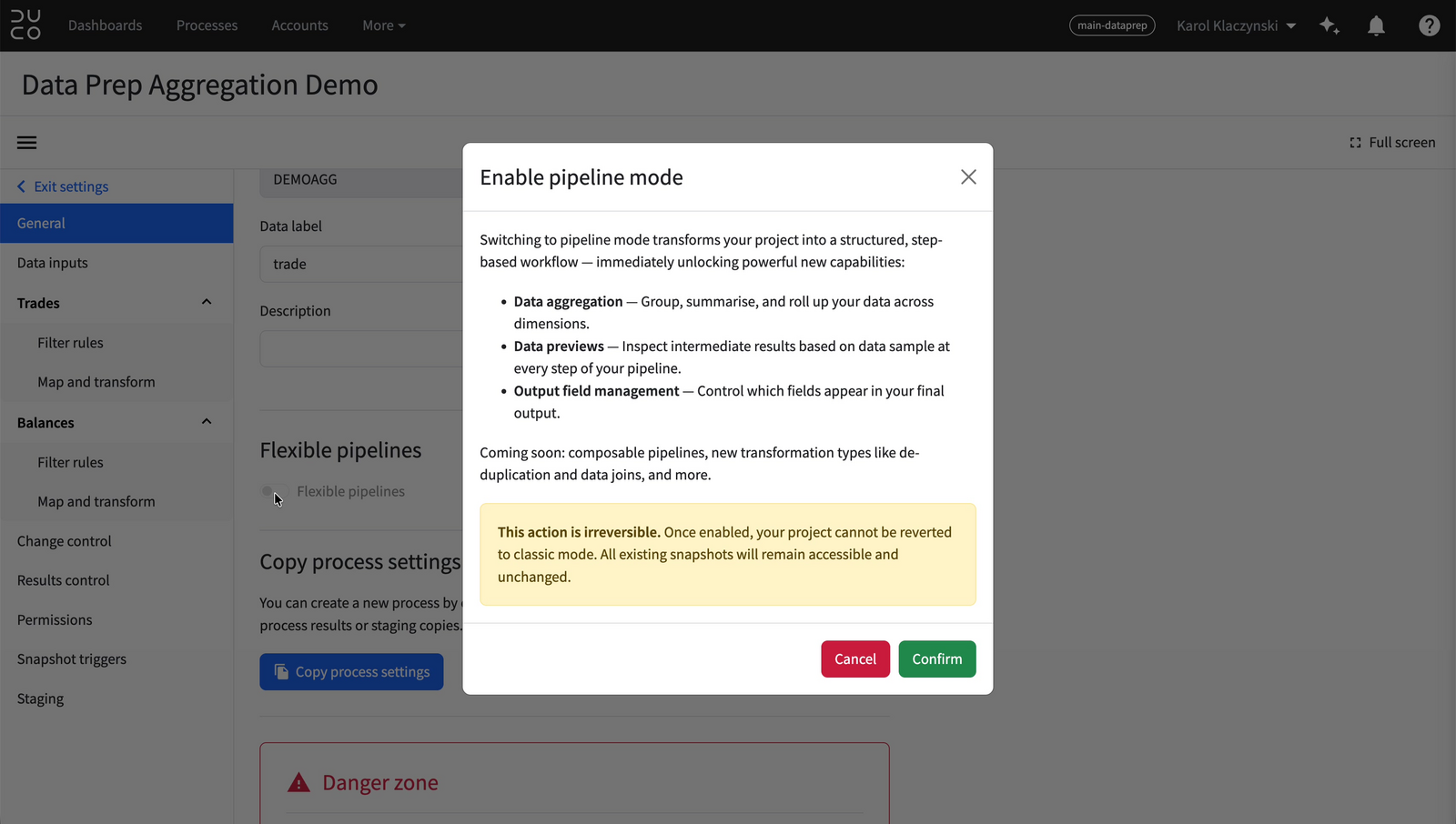 Enable pipeline mode confirmation dialog with an irreversible action warning