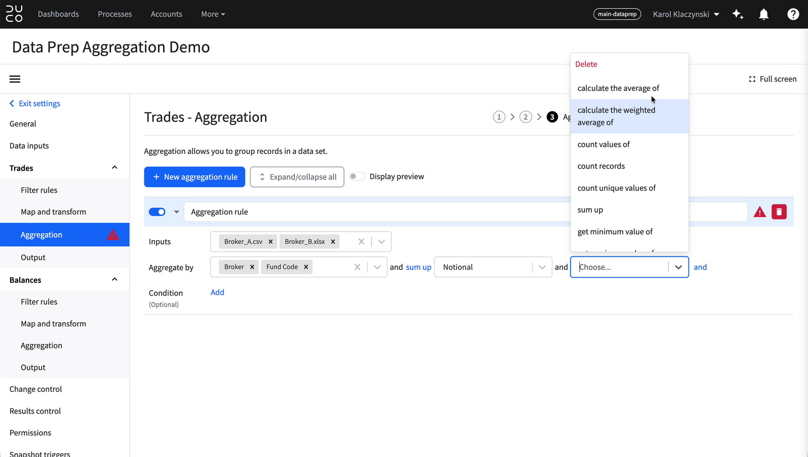 Dropdown showing the available aggregation operations