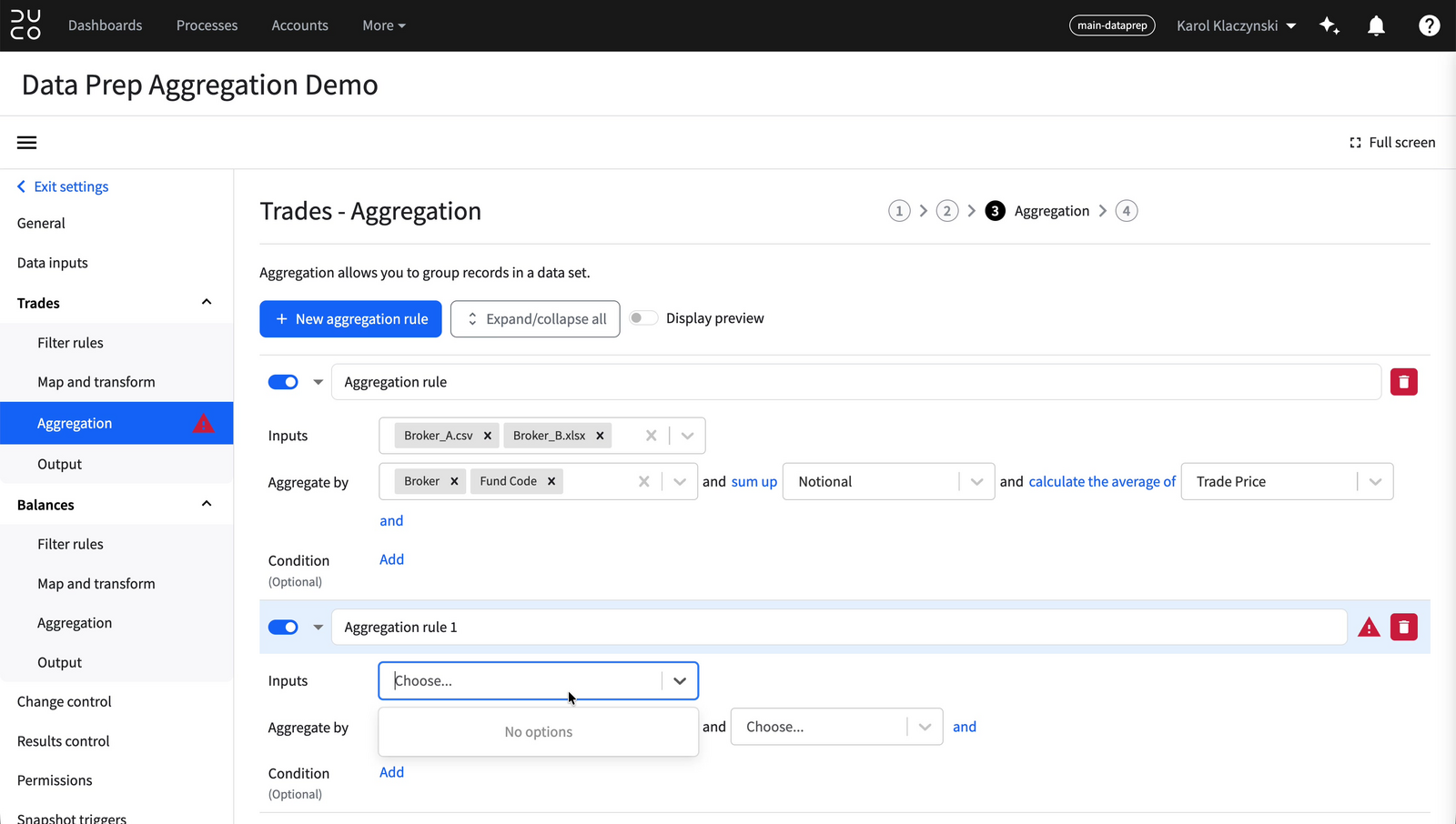 Second aggregation rule with the Inputs dropdown showing No options