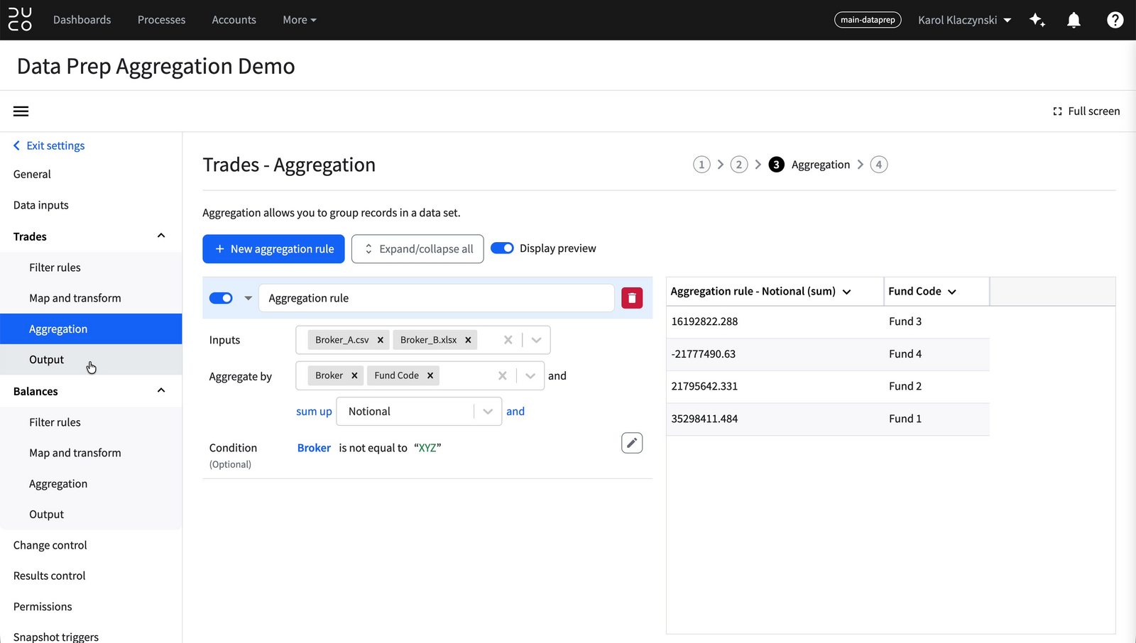 Aggregation rule with the Display preview panel open, showing aggregated rows