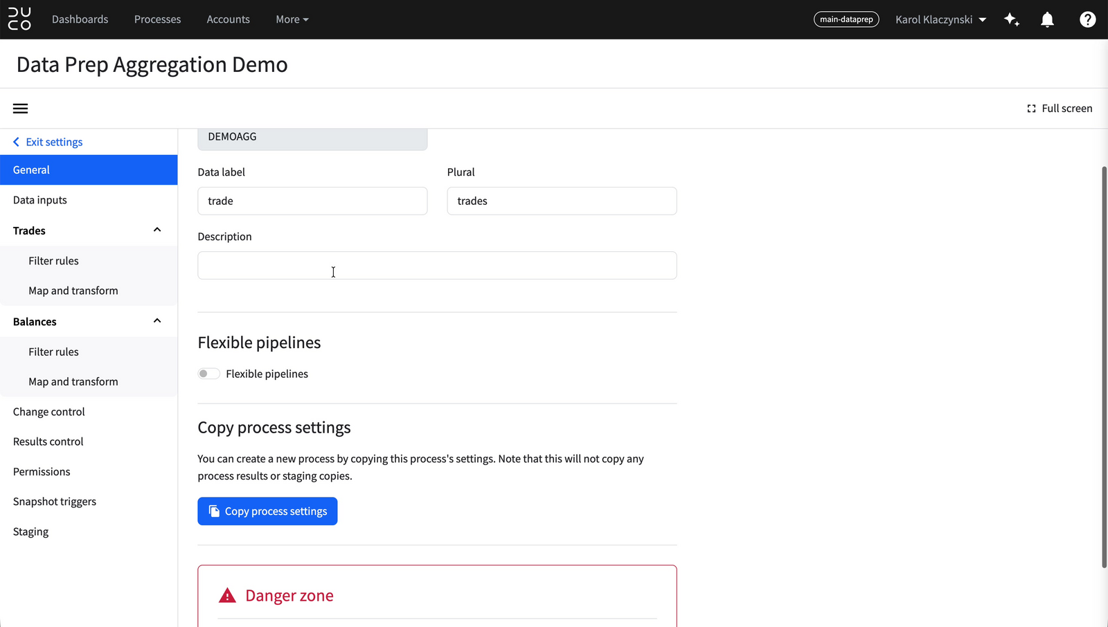 General settings page showing the Flexible pipelines toggle in the off state
