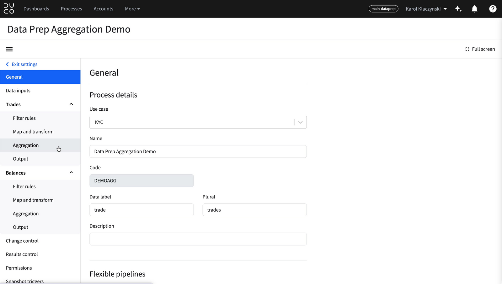 Sidebar showing new Aggregation and Output entries under Trades and Balances