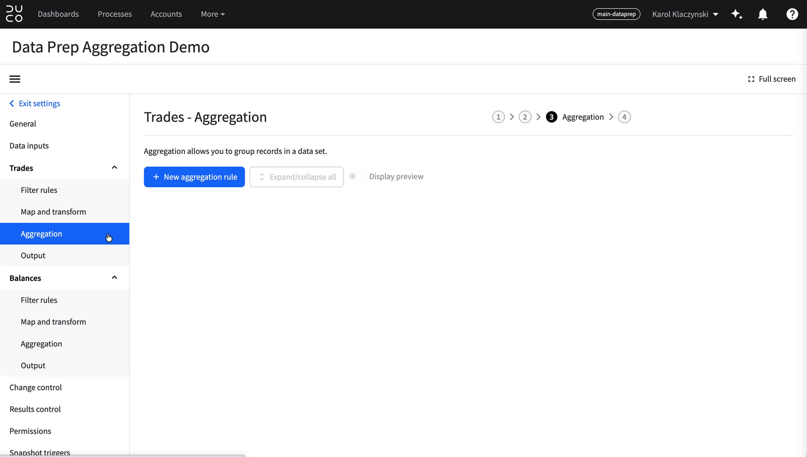 Empty Aggregation step with breadcrumb showing it as step 3 in the pipeline