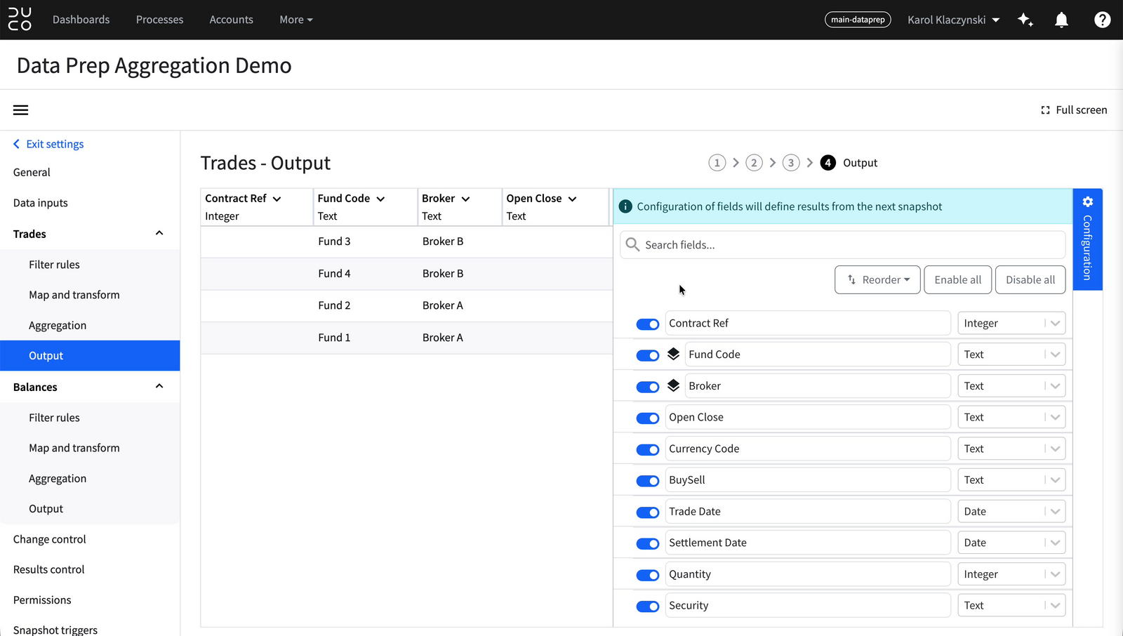 Output step with the Configuration panel open, showing all fields with stack icons on aggregated fields