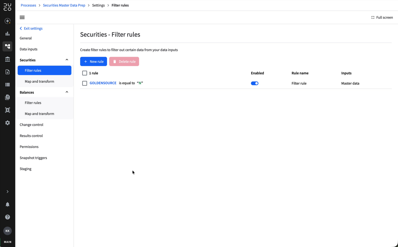 Filter rules screen in the Securities data set of a Data Prep process