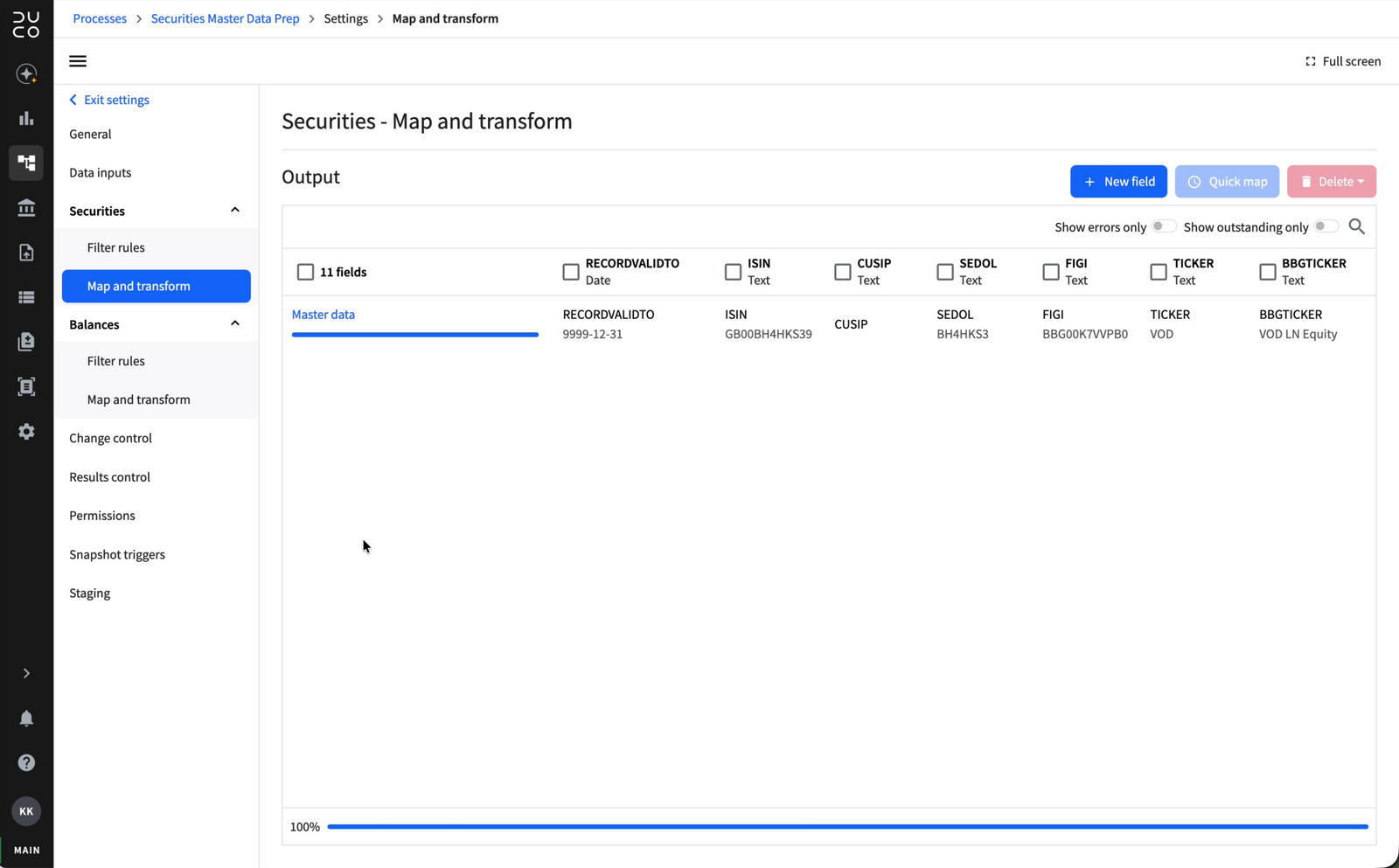 Map and transform output showing 11 selected fields