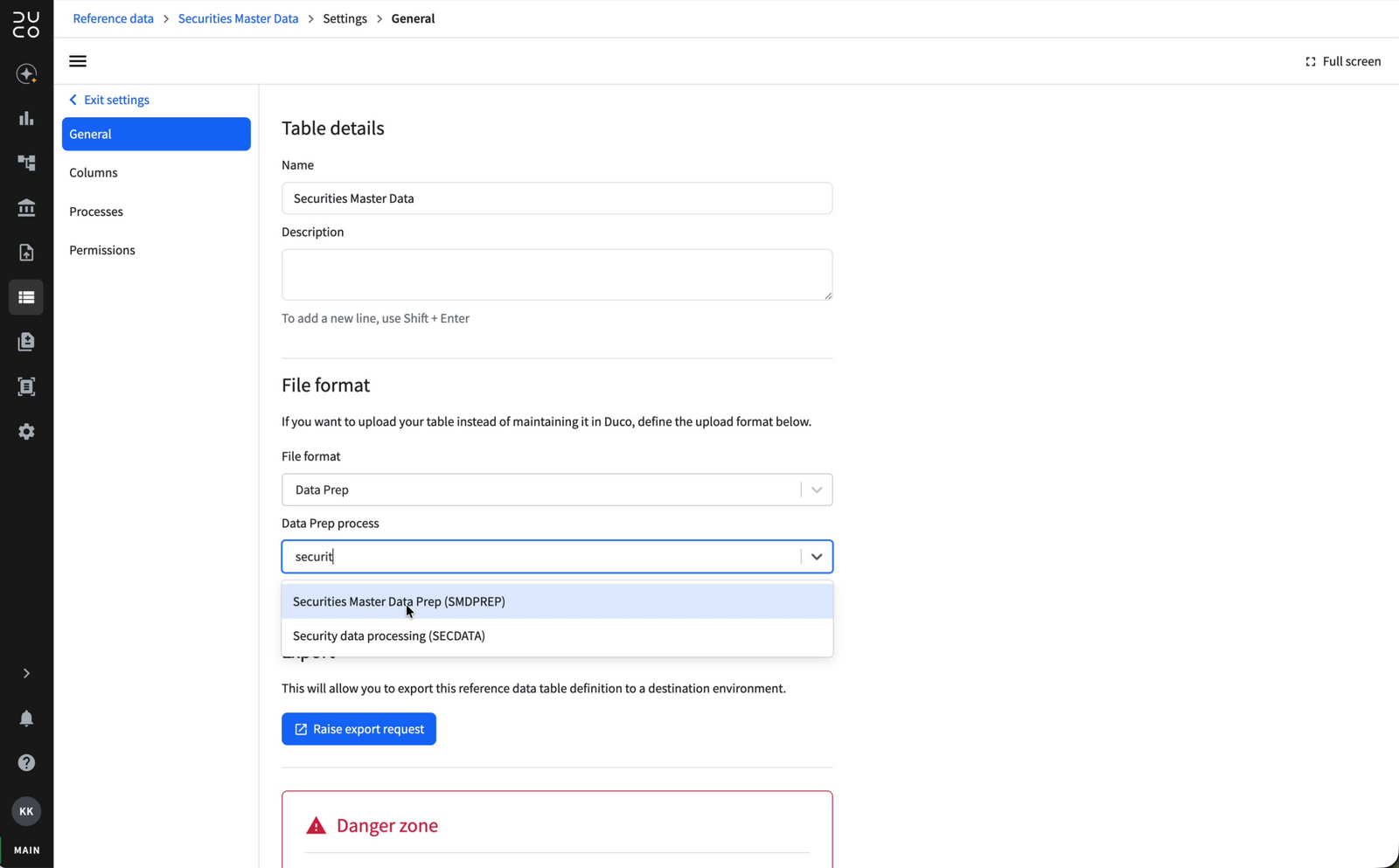 Data Prep process dropdown filtered to show two matching processes