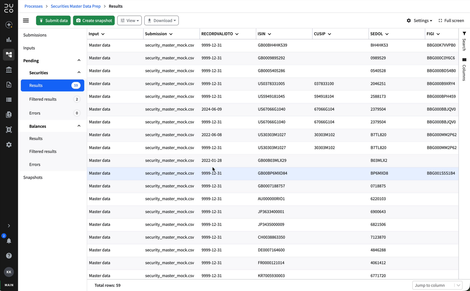 Results view showing 59 transformed records