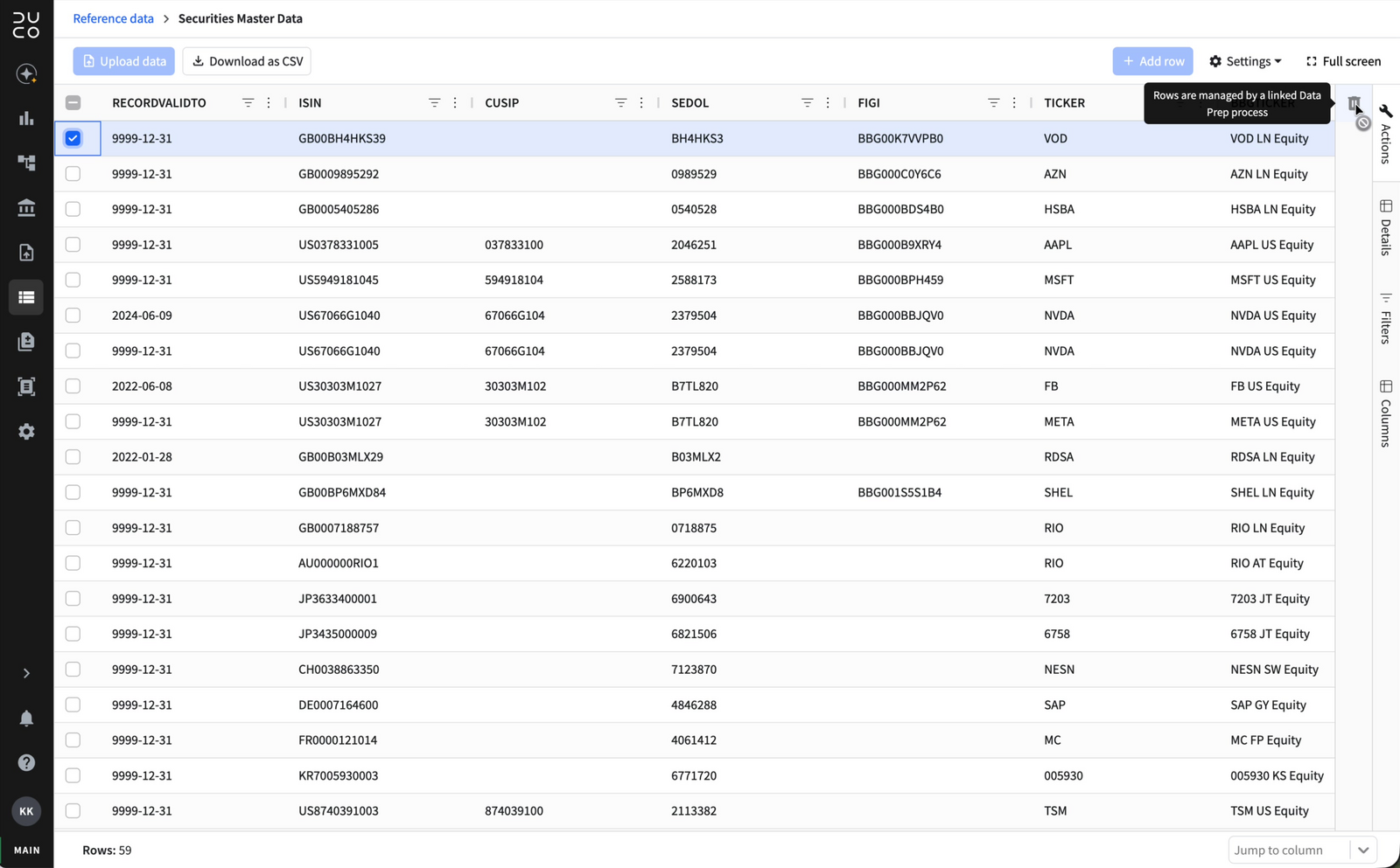 Delete control disabled with a tooltip explaining rows are managed by a linked Data Prep process