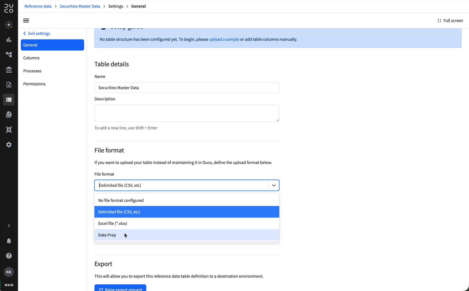 File format dropdown open showing the Data Prep option alongside Delimited file and Excel file