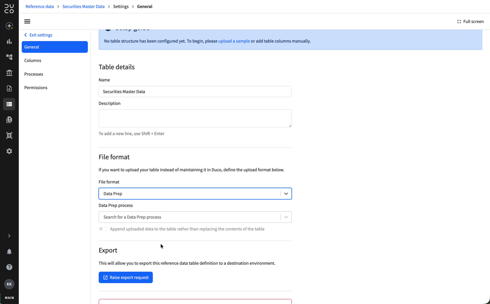 Data Prep selected as the file format, with an empty Data Prep process field below