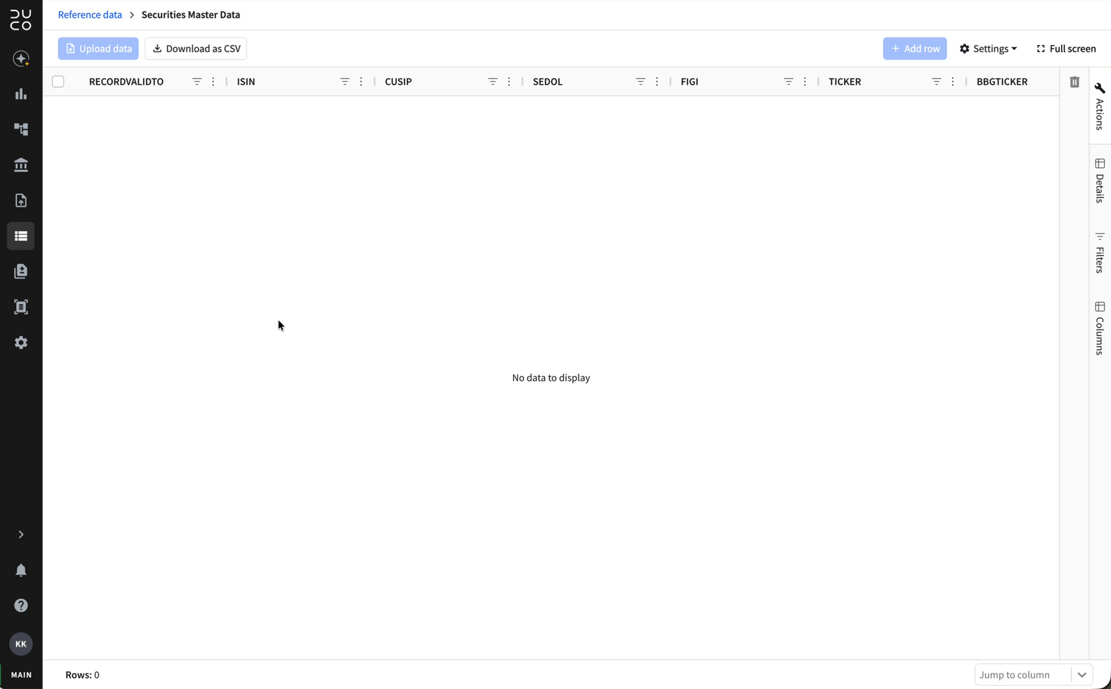 Empty reference data table showing No data to display and a row count of zero
