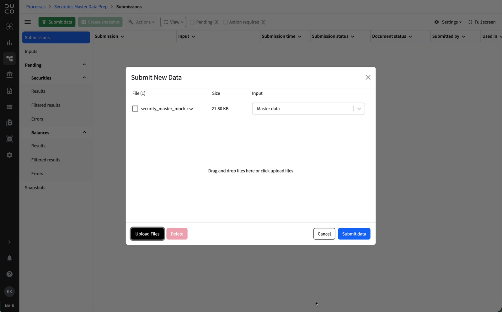 Submit New Data dialog with a CSV file attached and the Master data input selected