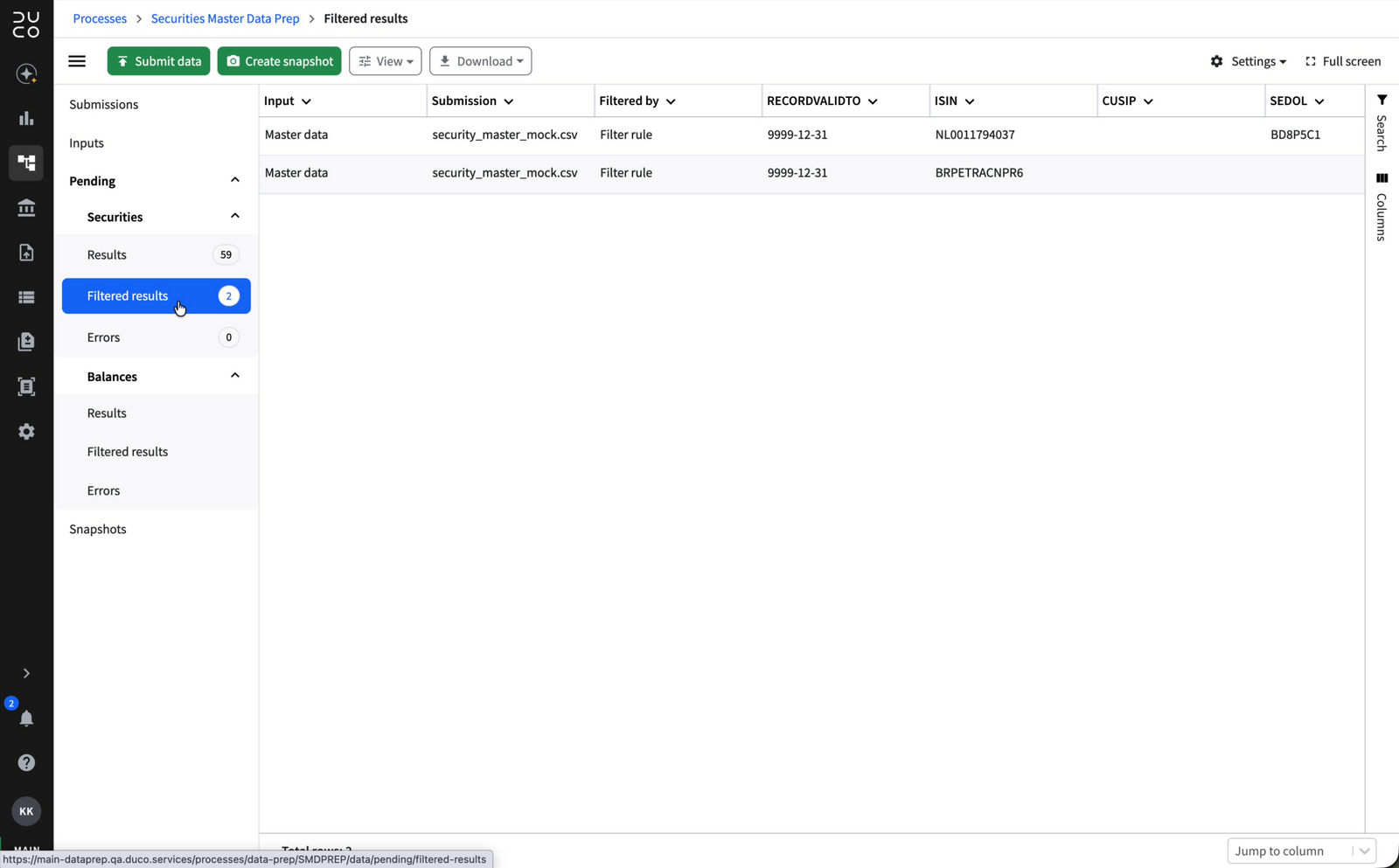 Filtered results view showing two excluded records