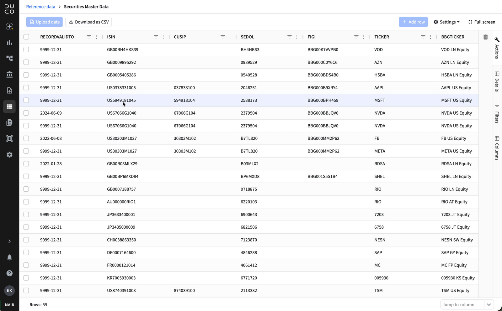 Reference data table populated with 59 rows of securities data
