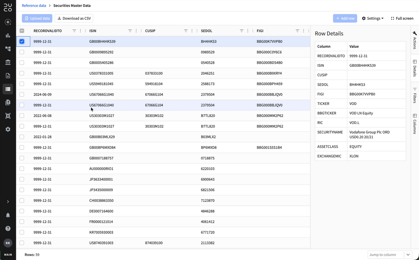 Row Details panel showing all field values for a single security