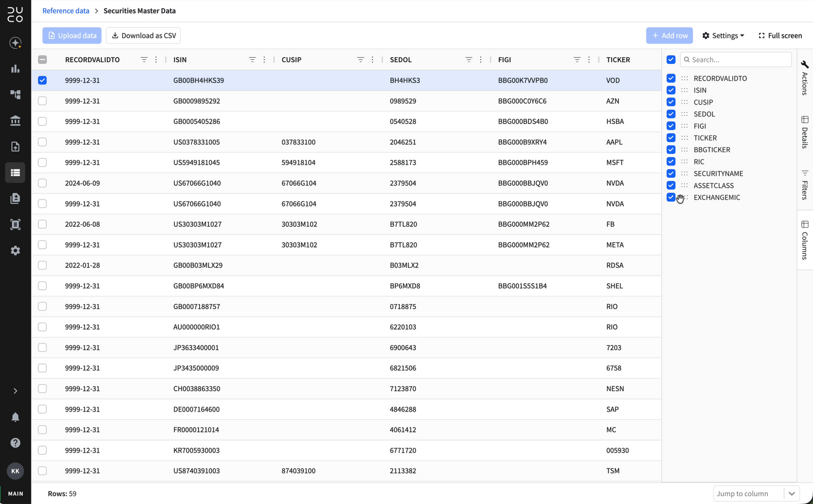 Column visibility configuration panel for the reference data table