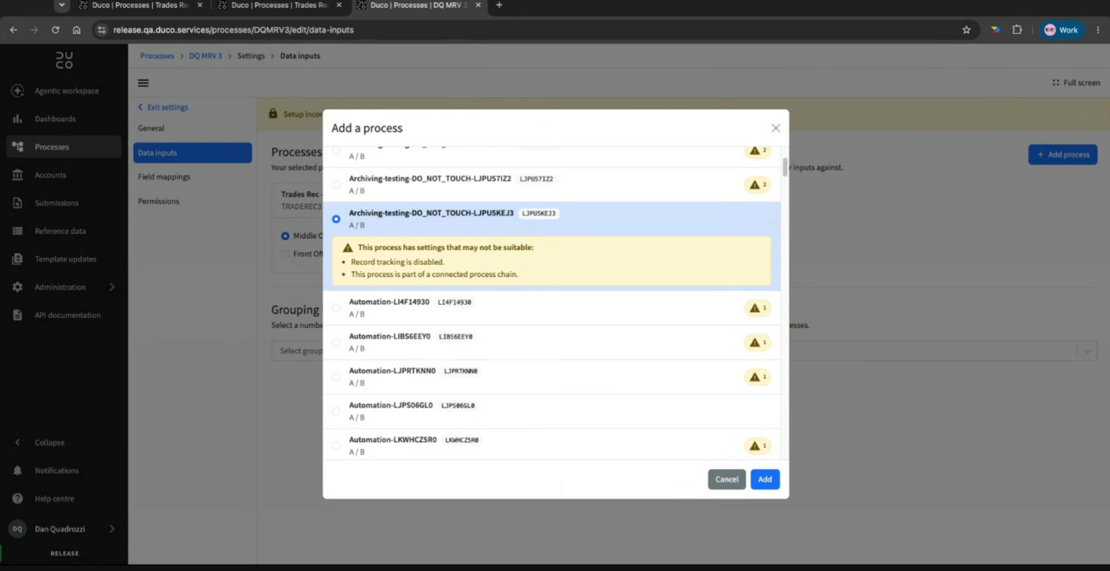 The Add a process dialog showing a selected process with a warning: record tracking is disabled, and this process is part of a connected process chain