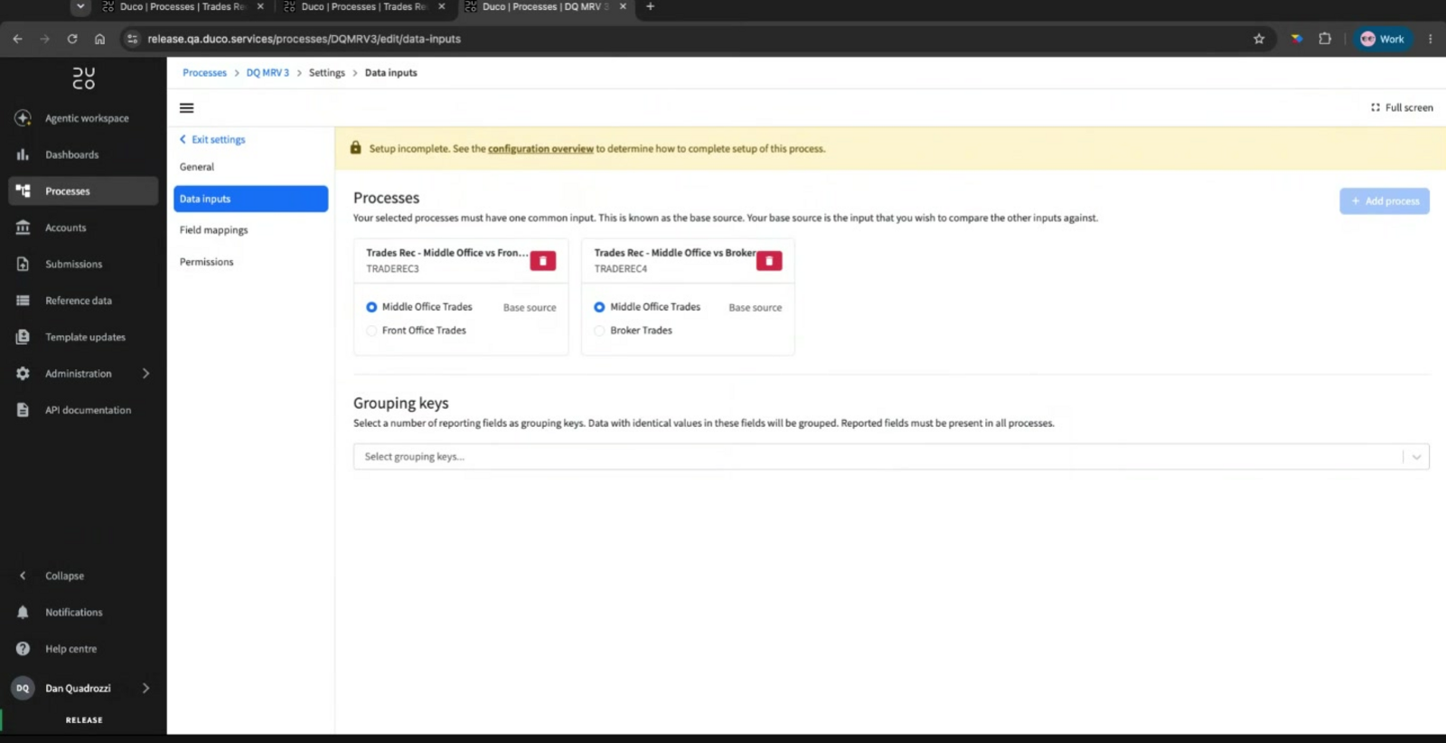 The Data inputs page with both underlying processes added and the middle office trades data source selected as the base source on each