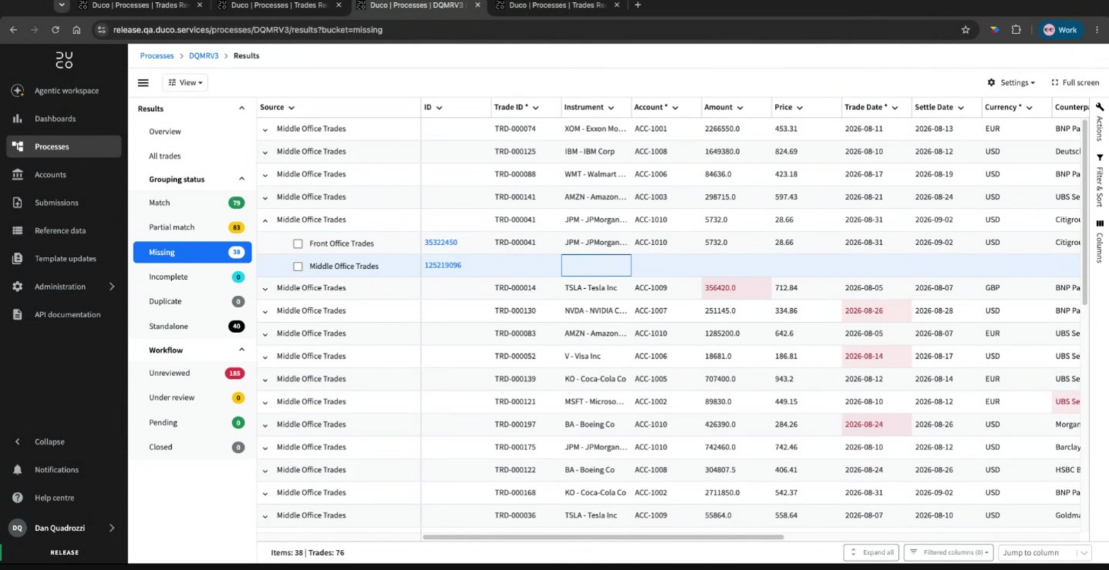 The Missing bucket in the results grid, showing a group where one underlying process has no corresponding record