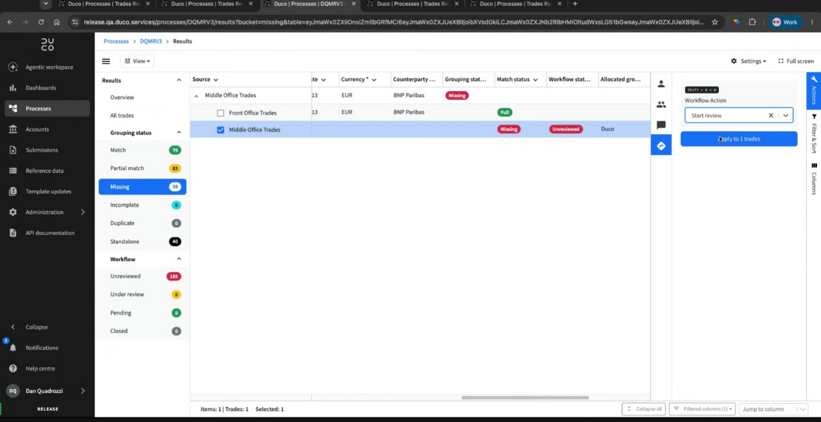 The Workflow Action panel open with Start review selected and an Apply to 1 trades button