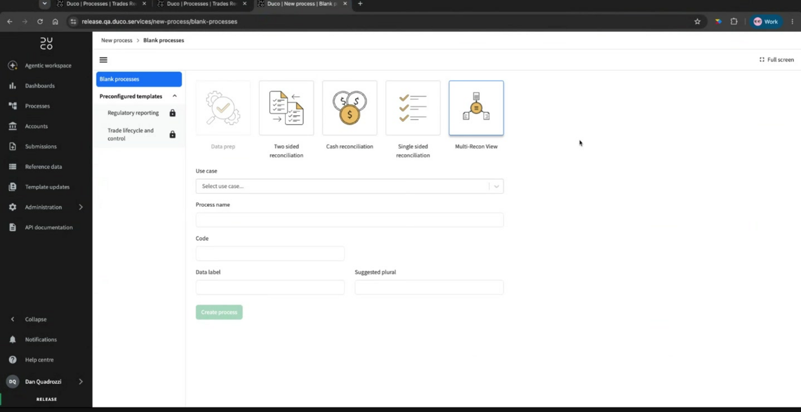 The New process screen with Multi-Recon View selected alongside Data prep, Two sided reconciliation, Cash reconciliation and Single sided reconciliation, and the process details form below it