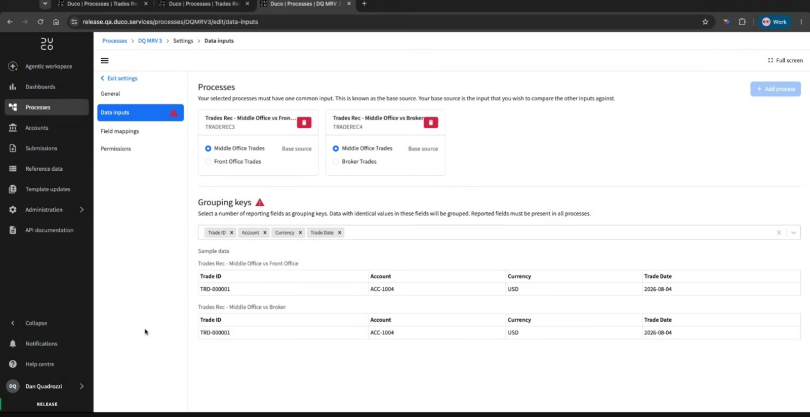 The Grouping keys field with Trade ID, Account, Currency and Trade Date selected, and a sample data preview table underneath showing matching values from both underlying processes