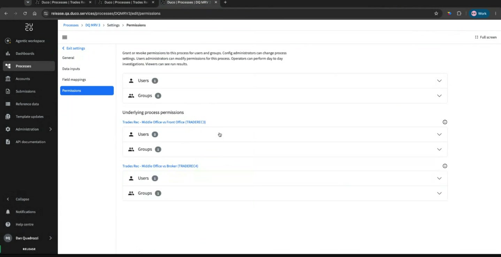 The Permissions page showing the multi recon view’s own Users and Groups counts, plus a read-only summary of Users and Groups permissioned on each underlying process