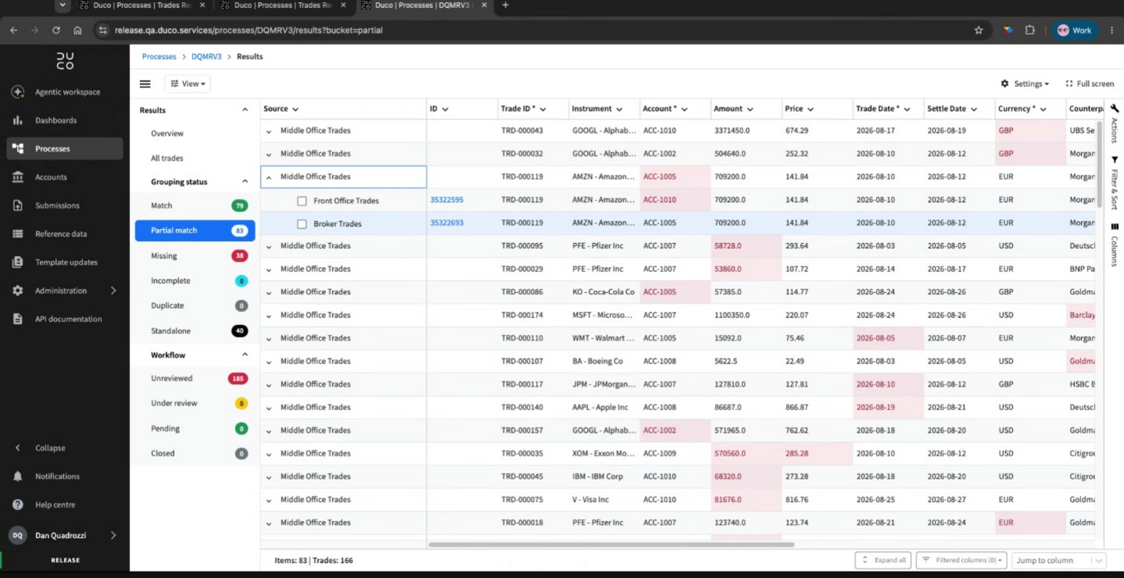 An expanded partial match group, showing the base source record alongside the Front Office Trades and Broker Trades child records, with the account field highlighted as the breaking field