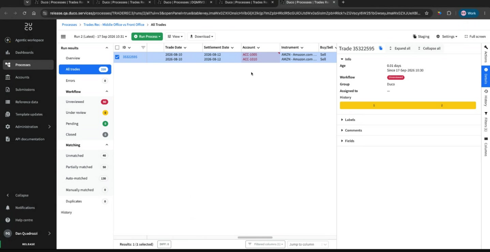 The underlying process’s All trades view, opened from the multi recon view, with the record’s detail panel open showing Age, Workflow status, Group, Assigned to, History, Labels and Comments
