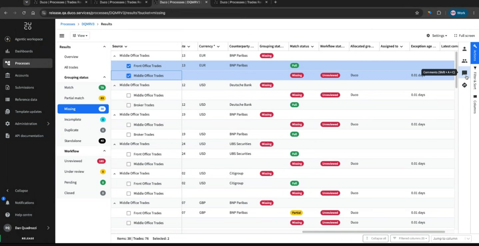The results grid with Grouping status and Match status columns visible for a group of records, and the comments icon highlighted on the right-hand action rail